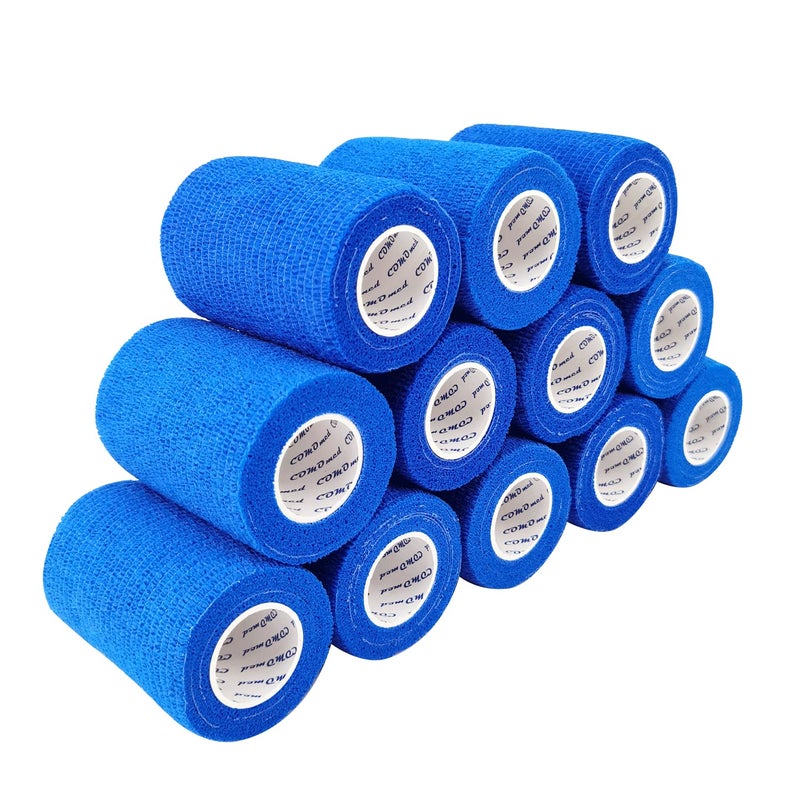 COMOmed Self Adhesive Bandage Wrap 3 x5 Yards First Aid Stretch Sport Athletic Wrap Vet Tapes for Wrist Ankle Sprain and SwellingBlue12 Rolls
